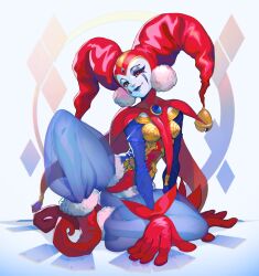  1girl absurdres card chrono_cross estyy gloves harem_pants harle_(chrono_cross) harlequin hat hat_bell highres jester jester_cap metal_bra pants playing_card pointy_shoes purple_lips red_gloves see-through_clothes see-through_pants simple_background smile solo teardrop_facial_mark 