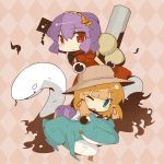  absurdres arai_seiryuu blonde_hair blue_eyes chibi frog hairband hat highres leaf maple_leaf moriya_suwako multiple_girls onbashira purple_hair red_eyes rope snake touhou yasaka_kanako 