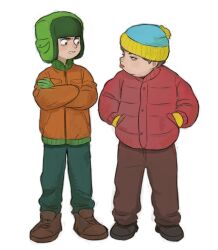  2boys aqua_hat beanie black_shoes boots brown_boots brown_hair brown_pants clenched_teeth coat crossed_arms deerstalker eric_cartman fat full_body furrowed_brow green_hat green_pants hands_in_pockets hat highres kumao_(uexxww) kyle_broflovski male_focus multiple_boys orange_coat pants parted_lips red_coat shoes short_hair south_park squinting teeth tongue tongue_out white_background 