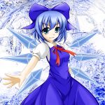  blue_eyes blue_hair bow cirno dress fulea hair_bow hand_on_hip hips ice ice_wings outstretched_arm ribbon short_hair smile solo touhou wings 