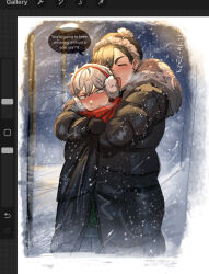 2boys alien_stage art_program_in_frame beanie black_coat black_hair black_hat black_mittens blush coat commentary dated earmuffs earrings english_commentary english_text green_eyes grey_hair hat hawk_till highres ivan_(alien_stage) jewelry long_sleeves male_focus mittens multiple_boys open_mouth outdoors pom_pom_(clothes) pom_pom_beanie red_scarf scarf smile snow snowing speech_bubble till_(alien_stage) v-shaped_eyebrows winter_clothes yaoi