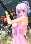  3d absurdres artist_request assault_rifle blush bow bracelet breasts brown_hair crown dress gun hair headphones highres jewelry large_breasts m16 nail_polish nitroplus open_mouth purple_hair red_eyes rifle short super_sonico tears tiara weapon zombi zombie 