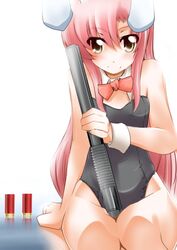  between_thighs bowtie brown_eyes bunny_ears bunnysuit detached_collar fukui_sora gun hayate_no_gotoku! katsura_hinagiku long_hair pink_hair shotgun shotgun_shells weapon wrist_cuffs 