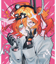  1girl a.i._voice adachi_rei alternate_eye_color bandaged_hand bandages bandaid_on_eye black_gloves black_shirt cracked_skin diffraction_spikes floating_hair gloves grey_eyes hand_on_own_cheek hand_on_own_face hands_up headlamp highres iwashi_(wawaisi_iwasi) jacket long_sleeves looking_at_viewer medium_hair one_side_up open_clothes open_jacket orange_hair parted_lips pillarboxed pink_background pink_eyes radio_antenna shirt solo sparkle_hair_ornament text_hair_ornament tougenkyou_e_ikou_(utau) upper_body utau white_jacket wide-eyed 