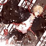  blonde_hair blood bloody_clothes covering_one_eye horns japanese_clothes kimono male moco_315 natsume_takashi natsume_yuujinchou neck_ribbon open_kimono ribbon smile solo translation_request umbrella yellow_eyes 