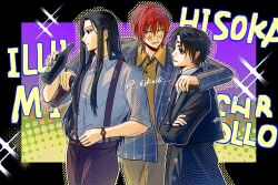  3boys arm_around_shoulder black_border black_hair black_jacket black_pantyhose border bottle character_name chrollo_lucilfer closed_eyes collared_shirt cowboy_shot crossed_arms earrings facial_mark forehead_mark grey_jacket grey_shirt grid_print grose hair_between_eyes highres hisoka_morow holding holding_bottle hunter_x_hunter illumi_zoldyck jacket jewelry long_hair male_focus multiple_boys pantyhose parted_bangs parted_lips red_hair shirt short_hair sleeves_rolled_up smile sparkle suit_jacket suspenders twitter_username upper_body watch watch white_shirt yellow_shirt 