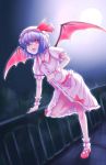  bat_wings bow dress dress_lift fangs full_moon hat highres irudana moon open_mouth purple_hair red_eyes remilia_scarlet short_hair solo standing_on_one_leg tongue tongue_out touhou wings wrist_cuffs 