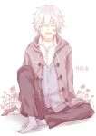  closed_eyes eyes_closed flower male moco_315 no.6 open_mouth shion_(no.6) sitting solo title_drop white_hair 