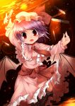  :3 arms_up bat_wings blue_hair blush boots capelet dress fang hat hat_ribbon highres knife koha necktie open_mouth pink_dress pointy_ears red_eyes remilia_scarlet ribbon sash short_hair solo touhou wings 