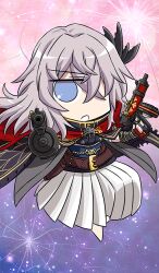  1girl :o asymmetrical_dual_wielding belt blue_eyes blue_sash brown_belt buttons cape chibi chibi_only coat commentary_request dual_wielding dynamic_pose fate/grand_order fate_(series) fingerless_gloves full_body gloves gradient_background grey_hair grey_haori gun hair_between_eyes hakama haori holding holding_gun holding_weapon holster japanese_clothes keikenchi kimono long_hair looking_at_viewer obi obijime official_art open_clothes open_coat open_mouth pink_background purple_background purple_coat purple_kimono red_cape saika_magoichi_(fate) sash short_sleeves solo third-party_source weapon weapon_request white_hakama 