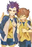  blue_hair blush brown_hair bruise closed_eyes eyes_closed inazuma_eleven inazuma_eleven_(series) inazuma_eleven_go injury jacket laughing long_hair male matsukaze_tenma mezasi multiple_boys open_mouth short_hair soccer_uniform tsurugi_kyousuke v yellow_eyes 