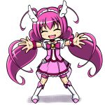  :d boots chibi closed_eyes cure_happy dress eyes_closed hair_ornament hoshizora_miyuki kou512a long_hair open_mouth outstretched_arms pink_dress pink_hair precure ribbon_choker shorts_under_skirt simple_background smile smile_precure! solo tiara twintails white_background wrist_cuffs 