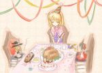  alice_margatroid birthday_cake blonde_hair blush capelet character_doll christmas closed_eyes food hakurei_reimu hat japanese_clothes kingin kirisame_marisa lonely miko party_hat solo streamers touhou translated turkey turkey_(food) witch witch_hat 