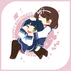  2girls ace_(playing_card) ace_of_spades battle_girl_high_school black_socks blue_neckerchief blue_skirt border brown_eyes brown_hair card green_eyes happy_birthday highres kusunoki_asuha motyomi multiple_girls neckerchief one_eye_closed pink_border playing_card pleated_skirt ribbon sakaide_mari seashell shell shirt short_hair skirt socks spade_(shape) sparkle star_(symbol) tears three_of_diamonds two_of_hearts white_ribbon white_shirt 