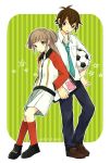  1girl bad_id ball brown_eyes brown_hair handa_shin&#039;ichi handa_shin'ichi inazuma_eleven inazuma_eleven_(series) inazuma_eleven_go jacket kisaragi_mako kneehighs long_hair mg633b necktie short_hair soccer_ball track_suit twintails two_side_up 