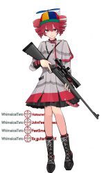  1girl amoncheeto animal_ears black_boots boots closed_mouth drill_hair gloves grey_shirt grey_skirt gun hair_between_eyes hair_ribbon half_gloves highres horse_ears kasane_teto kasane_teto_(sv) lace-up_boots long_sleeves looking_at_viewer pleated_skirt propeller_hat red_eyes red_hair red_skirt ribbon rifle scope shirt simple_background skirt smile sniper_rifle solo synthesizer_v twin_drills twintails two-tone_skirt weapon white_background white_ribbon 