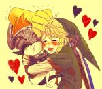  1girl :t annoyed blonde_hair chibi cottelee hands happy hat heart helmet hug imp link long_sleeves midna nintendo o..o orange_hair pointy_ears saliva sheath sheathed shield simple_background sword the_legend_of_zelda twilight_princess weapon wince yellow_background yellow_eyes 