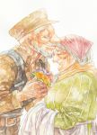  1girl beard closed_eyes couple eyes_closed facial_hair flower forehead_kiss hat ina_(gonsora) kiss long_hair old_man old_woman original smile traditional_media watercolor_(medium) white_hair 