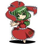  bow chibi dress front_ponytail green_eyes green_hair hair_ribbon kagiyama_hina kou512a long_hair looking_at_viewer on_one_foot outstretched_arms red_dress ribbon simple_background smile solo standing_on_one_leg touhou white_background 