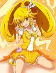  1girl banana_(hirane1988) bike_shorts blonde_hair bowtie brooch cure_peace double_v dress hair_ornament hairpin jewelry kise_yayoi kneeling long_hair magical_girl orange_background orange_bike_shorts precure puffy_sleeves shoes shorts_under_skirt skirt smile smile_precure! solo v yellow yellow_dress yellow_eyes 