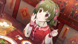  1girl bamboo_steamer brown_eyes chinese_clothes chinese_food chinese_restaurant chopsticks dutch_angle food from_above game_cg green_hair hair_ornament hand_to_own_mouth hands_up highres higurashi_no_naku_koro_ni higurashi_no_naku_koro_ni_mei indoors kimiyoshi_natsumi lens_flare long_sleeves looking_at_viewer non-web_source official_alternate_hairstyle official_art on_chair parted_lips sitting solo sparkle steamed_bun table upper_body 