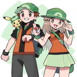  1boy 1girl alternate_color backpack bag brown_eyes brown_hair commentary_request green_hat green_headband green_skirt grin hat headband highres holding holding_poke_ball jacket leaf_(pokemon) miniskirt open_mouth orange_jacket orange_tank_top pikachu poke_ball poke_ball_(basic) pokemon pokemon_(creature) pokemon_emerald pokemon_frlg pokemon_rse pumpkinpan red_(pokemon) ribbed_tank_top skirt smile tank_top wristband 