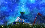 blue_hair bow from_behind hat highres hinanawi_tenshi long_hair nekominase night night_sky rock sitting skirt sky solo star_(sky) starry_sky sword_of_hisou touhou wallpaper