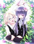  bdsm black_gloves black_legwear blonde_hair blood blue_eyes blush bondage bulbonne dress flower glasses gloves hair_flower hair_ornament highres horns inu_x_boku_ss long_hair multiple_girls nosebleed purple_eyes purple_hair school_uniform shirakiin_ririchiyo sitting sleeves_rolled_up smile tears thigh-highs thighhighs violet_eyes wink yukinokouji_nobara 