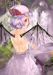  back bare_back bat_wings checkered checkered_floor church cord_izumi hat hat_ribbon lavender_hair looking_back pillar red_eyes remilia_scarlet ribbon short_hair solo table topless touhou vines window wings 