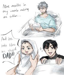  3boys alien_stage and_he_looks_like_his_stupid_dad_(meme) baby bed black_eyes black_hair black_shirt commentary english_commentary english_text grey_hair hawk_till highres holding_baby hospital_bed hospital_gown implied_male_pregnancy male_focus meme multiple_boys on_bed open_mouth pillow shirt sketch smile swaddled till_(alien_stage) 