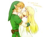  1girl blonde_hair blue_eyes blush bracelet couple earrings engrish eye_contact fingerless_gloves gloves hat hug incipient_kiss jewelry link long_hair looking_at_another love nintendo pointy_ears princess_zelda ranguage saiba_(henrietta) short_hair skyward_sword the_legend_of_zelda 