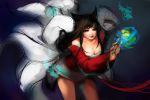  ahri animal_ears bare_shoulders black_hair breasts cleavage fox_ears fox_tail large_breasts league_of_legends leaning_forward lips long_hair looking_at_viewer magic multiple_tails na_young_lee solo tail whiskers work_in_progress yellow_eyes 