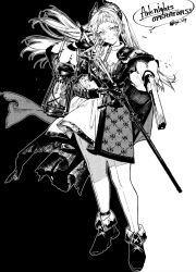  1girl arched_bangs arknights black_background closed_mouth commentary_request copyright_name dress floating_hair front-seamed_legwear full_body gloves greyscale gun handgun holding holding_gun holding_sword holding_weapon irene_(arknights) kyo_zip lantern light_frown long_hair long_sleeves looking_at_viewer monochrome pantyhose rapier seamed_legwear sheath shoes solo speech_bubble standing sword twitter_username two-tone_background unsheathing weapon white_background 