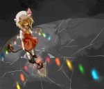  ascot blonde_hair broken_glass broken_ground dress flandre_scarlet glass glowing glowing_wings hair_over_eyes hat hat_ribbon kaguya_k kinugasa_kaguya laevatein red_dress reflection ribbon side_ponytail solo the_embodiment_of_scarlet_devil touhou wings 