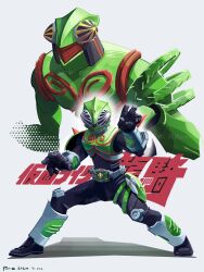  1boy advent_deck armor belt biogreeza black_bodysuit bodysuit chameleon claws compound_eyes contract_monster gloves green_armor heisei helmet highres kamen_rider kamen_rider_ryuki_(series) kamen_rider_verde lizard looking_at_viewer male_focus mask monster penpenhuihui rider_belt simple_background standing tokusatsu tongue tongue_out upper_body v_buckle 
