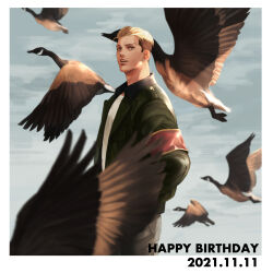  1boy absurdres armband bird black_jacket commentary_request dated goose happy_birthday highres jacket kogu_(nue_insideout) long_sleeves looking_at_viewer male_focus open_mouth porco_galliard red_armband shingeki_no_kyojin shirt solo undercut white_shirt 