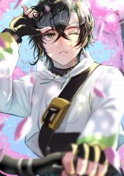  1boy adjusting_eyewear bicycle black_gloves black_hair black_shirt blonde_hair cherry_blossoms commentary cropped_hoodie earrings eyewear_on_head falling_petals fingerless_gloves genshin_impact gloves green_eyes green_hair hair_between_eyes hand_on_eyewear highres hood hood_down hoodie jewelry kinich_(genshin_impact) long_sleeves male_focus multicolored_hair necoco112061 one_eye_closed parted_lips petals riding riding_bicycle shirt solo sports_sunglasses streaked_hair sunglasses tree_shade upper_body 