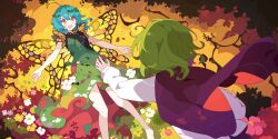  2girls antennae aqua_hair barefoot blush butterfly_wings cape commentary english_commentary eternity_larva fairy flower from_behind game_cg green_hair green_skirt hair_between_eyes highres ideolo insect_wings leaf leaf_on_head long_hair long_sleeves multicolored_shirt multicolored_skirt multiple_girls official_art open_mouth orange_eyes outdoors red_cape red_flower shirt skirt smile teeth third-party_source touhou touhou_lostword two-sided_cape two-sided_fabric upper_teeth_only white_flower white_shirt wings wriggle_nightbug yellow_flower yellow_wings 