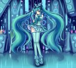  bow breasts green_eyes green_hair green_legwear hair_bow hatsune_miku headphones highres hoshi_no_gen long_hair looking_at_viewer no_nose skirt smile thigh-highs thighhighs twintails very_long_hair vocaloid 