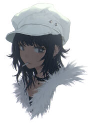  1girl barbell_piercing black_choker black_hair cabbie_hat choker cigarette commentary_request cropped_shoulders ear_piercing earrings fur_trim green_eyes hat highres jewelry looking_at_viewer looking_to_the_side medium_hair mole mole_under_eye mouth_hold original piercing simple_background smoking solo three_quarter_view wang-xi white_background white_hat 