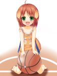  :d ahoge animal_ears asa_no_ha ball bare_legs barefoot basketball basketball_jersey basketball_uniform brown_hair dog_ears dog_tail fang green_eyes jersey kneeling meiko_(inuarashi) no_pants open_mouth original short_hair smile solo sportswear tail 