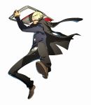  angry arc_system_works belt black_eyes blonde_hair chair delinquent fangs fighting_stance folding_chair jacket jacket_on_shoulders jolly_roger jumping long_sleeves looking_at_viewer male official_art open_mouth pants persona persona_4 persona_4:_the_ultimate_in_mayonaka_arena piercing scar shoes short_hair soejima_shigenori solo tatsumi_kanji widow&#039;s_peak widow's_peak 