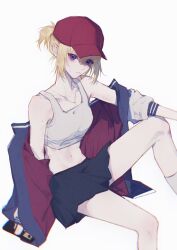  1girl bang_dream! bang_dream!_it's_mygo!!!!! baseball_cap black_skirt blonde_hair character_name chinese_commentary chromatic_aberration commentary_request crop_top hair_between_eyes hat highres invisible_chair midriff misumi_uika navel off_shoulder pleated_skirt red_hat short_hair sidelocks sitting skirt sleeves_past_wrists solo sports_bra star_unicorn three-quarter_sleeves violet_eyes white_sports_bra 