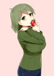  breasts chikurin_(sasamori_tomoe) denim food fruit green_eyes green_hair impossible_clothes impossible_shirt jeans licking looking_at_viewer original pink_background saliva sasamori_tomoe short_hair simple_background solo strawberry sweater tongue turtleneck 