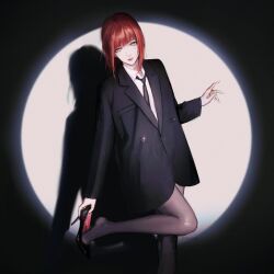  1girl black_jacket black_necktie chainsaw_man english_commentary grey_pantyhose high_heels highres jacket looking_at_viewer makima_(chainsaw_man) necktie pantyhose parted_lips red_hair ringed_eyes shadow shirt sidelocks solo spotlight white_shirt yellow_eyes yennyu 
