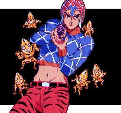  1boy animal_print argyle_clothes argyle_sweater commentary guido_mista gun hat holding holding_gun holding_weapon jojo_no_kimyou_na_bouken letterboxed midriff navel oniyama831 revolver sex_pistols_(stand) stand_(jojo) sweater tiger_print vento_aureo weapon 