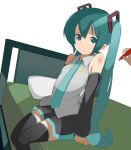  aqua_eyes aqua_hair bad_id bare_shoulders bed detached_sleeves hatsune_miku long_hair marker necktie on_bed pillow pleated_skirt scared sitting skirt solo stylus tamakorogashi tattoo thigh-highs thighhighs twintails very_long_hair vocaloid white_background zettai_ryouiki 
