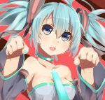  aqua_hair bare_shoulders blue_eyes choker detached_sleeves hatsune_miku merumayu necktie open_mouth paw_pose simple_background solo twintails vocaloid 
