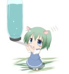  animal_ears blue_eyes blush_stickers bottle chibi daiyousei drinking edamame_(barium) flying_sweatdrops green_hair hamster_ears minigirl no_wings short_hair side_ponytail skirt solo tongue tongue_out touhou vest water_bottle 
