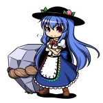 blue_hair boots bowtie chibi crossed_arms hat hinanawi_tenshi keystone kou512a long_hair long_skirt red_eyes simple_background skirt smile solo touhou white_background